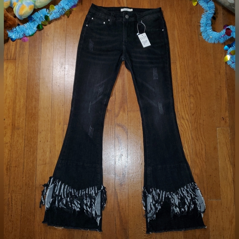 Moda Luxe Black Flare Jeans with Fringe